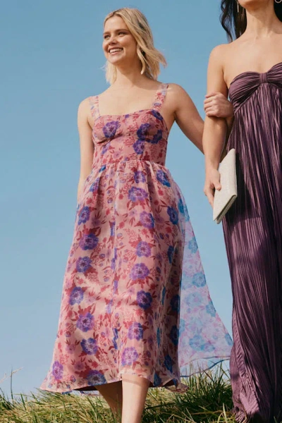 LULUS DELIGHTFUL LOOK MAGENTA FLORAL PRINT BUSTIER MIDI SKATER DRESS