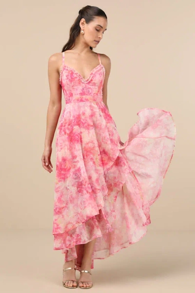 LULUS DESDRA PINK FLORAL RUFFLED TIERED HIGH-LOW MAXI DRESS