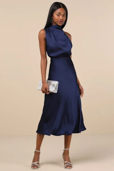 LULUS DISTINCTIVE CHARM NAVY SATIN ASYMMETRICAL MIDI DRESS