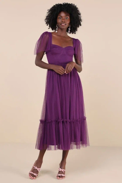 LULUS DREAMY CELEBRATION PLUM PURPLE TULLE BUSTIER SWISS DOT MIDI DRES
