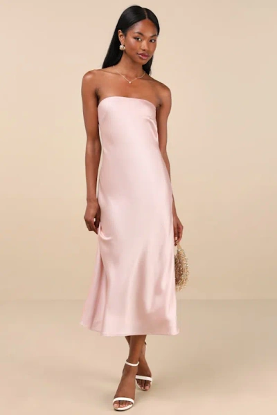 LULUS EFFORTLESS BLISS BLUSH PINK SATIN STRAPLESS COWL BACK MIDI DRESS