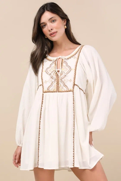 LULUS EXCEPTIONALLY DREAMY IVORY EMBROIDERED MINI SHIFT DRESS