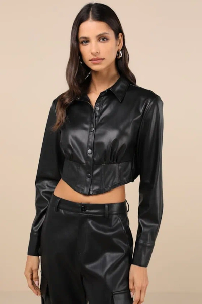 LULUS EXCEPTIONALLY INTRIGUING BLACK VEGAN LEATHER BUTTON-FRONT TOP