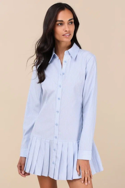 LULUS EXQUISITE POISE LIGHT BLUE STRIPED COLLARED MINI DRESS