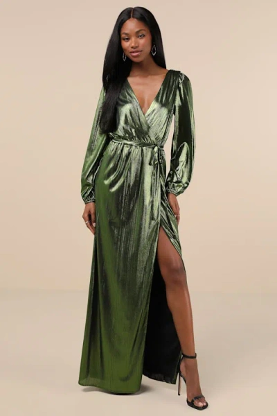 LULUS EXTRA AESTHETIC GREEN METALLIC LONG SLEEVE SURPLICE MAXI DRESS