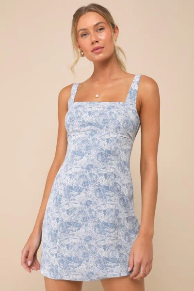 LULUS EXUBERANT CHICNESS BLUE FLORAL SLEEVELESS MINI DRESS