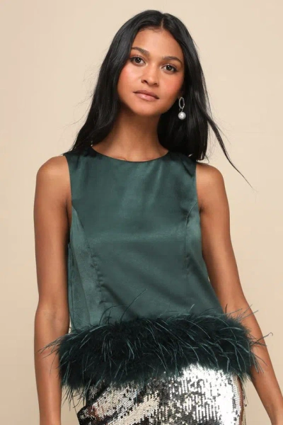 LULUS FANCY FIXATION EMERALD GREEN SATIN FEATHER TANK TOP