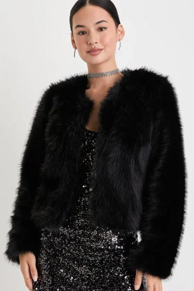 LULUS GLAM ATTITUDE BLACK FAUX FUR JACKET