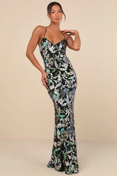 LULUS GLITTERING ICON BLACK IRIDESCENT SEQUIN LACE-UP MAXI DRESS