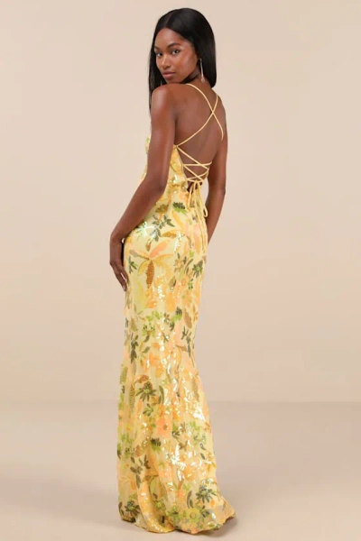LULUS GLITTERING ICON YELLOW IRIDESCENT SEQUIN LACE-UP MAXI DRESS