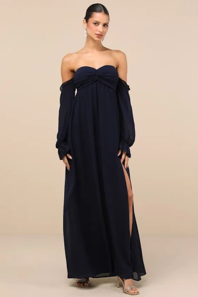 LULUS GLORIOUS INVITE NAVY BLUE KNOTTED OFF-THE-SHOULDER MAXI DRESS