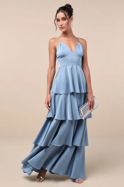 LULUS GOING WITH ELEGANCE SLATE BLUE SATIN TIERED GOWN