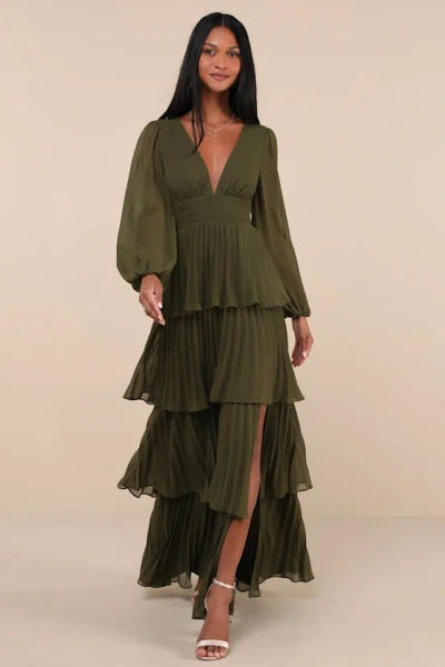 LULUS GRACEFUL FINESSE OLIVE GREEN PLEATED LONG SLEEVE MAXI DRESS