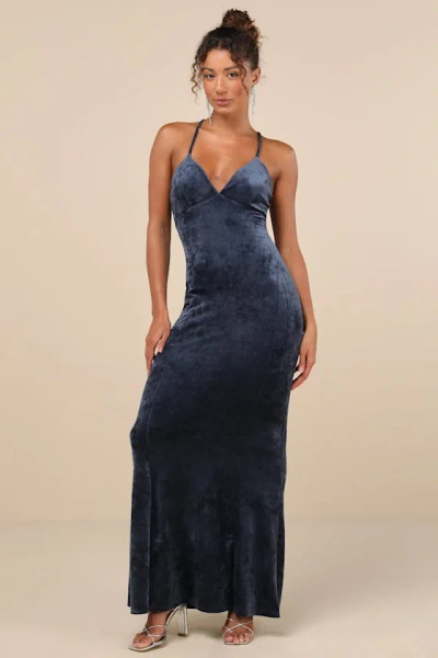 LULUS IMMENSELY LUXE NAVY BLUE VELOUR BACKLESS MERMAID MAXI DRESS