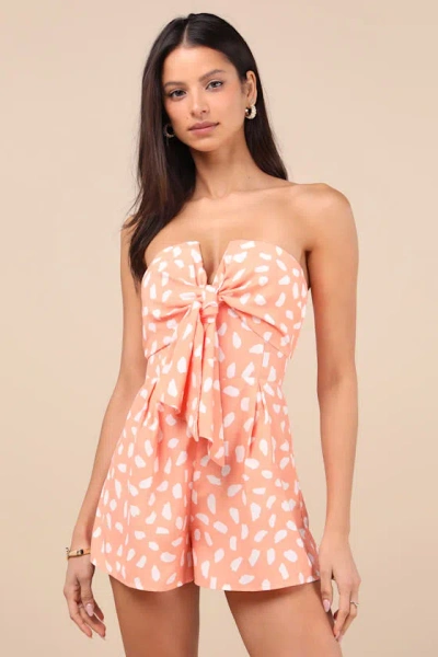 LULUS INEZ PEACH AND WHITE PRINT TIE-FRONT ROMPER