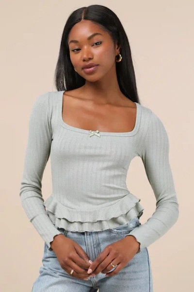 LULUS INSTINCTUALLY CUTE SAGE GREEN RIBBED RUFFLED LONG SLEEVE TOP