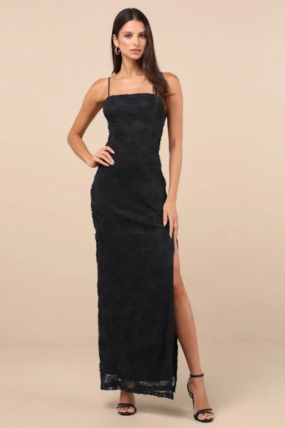 LULUS JONI BLACK 3D APPLIQUE LACE MAXI DRESS