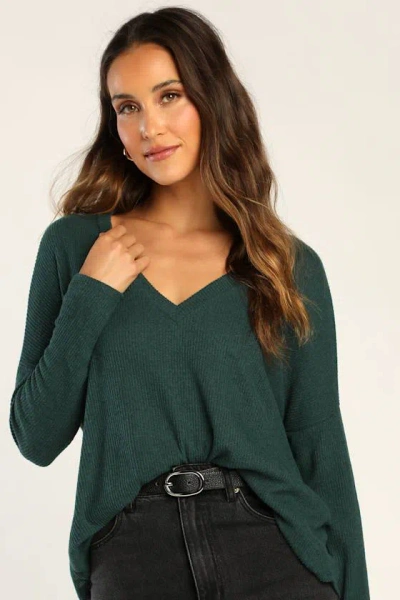 LULUS JUST VIBING HUNTER GREEN RIBBED V-NECK SWEATER TOP