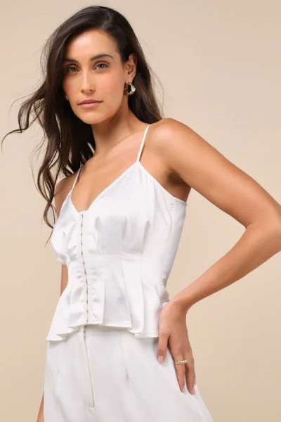 LULUS KAILANY WHITE SATIN PLEATED PEPLUM CAMI TOP