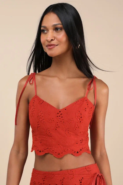 LULUS KAMILLA RUST RED EYELET EMBROIDERED TIE-STRAP TANK TOP