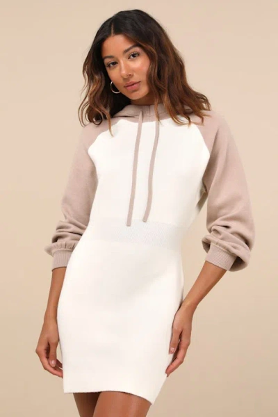 LULUS LAIDBACK MOMENTS IVORY AND BEIGE HOODED SWEATER MINI DRESS