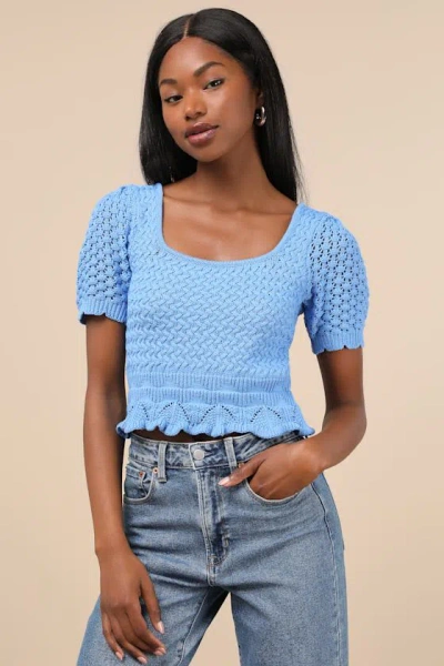 LULUS LUCKY CUTIE BLUE CROCHET SHORT SLEEVE SWEATER TOP