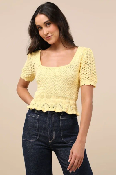 LULUS LUCKY CUTIE BRIGHT YELLOW CROCHET SHORT SLEEVE SWEATER TOP