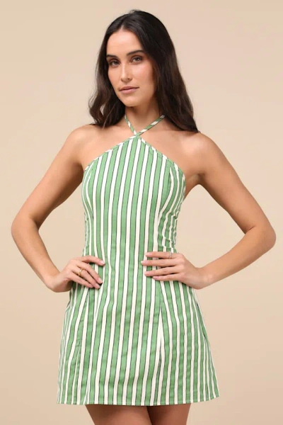 LULUS MADELIA GREEN STRIPED HALTER MINI DRESS
