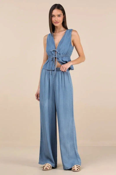 LULUS MALDWYN BLUE CHAMBRAY HIGH-RISE WIDE-LEG PANTS
