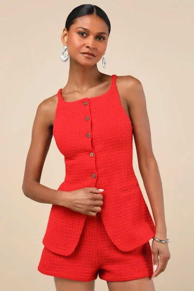 LULUS MARIETTE RED KNIT BUTTON-FRONT VEST TOP