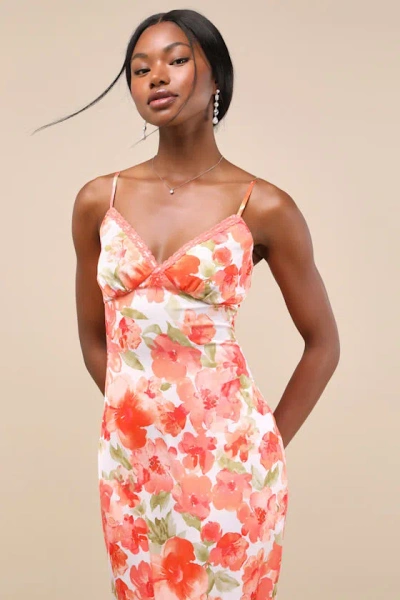 LULUS MATTIE ORANGE FLORAL SATIN LACE MIDI SLIP DRESS