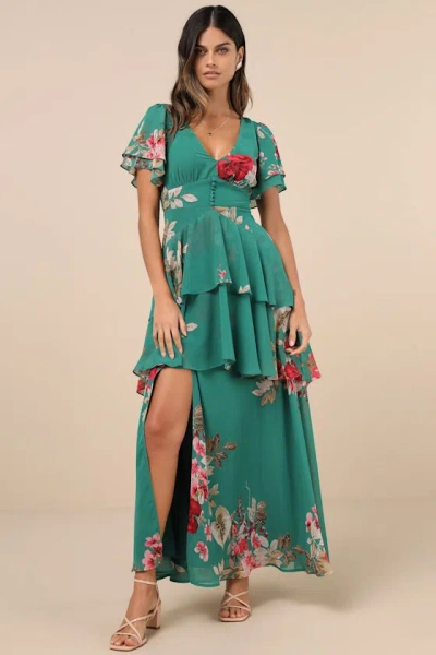 LULUS MIDNIGHT MOOD TEAL GREEN FLORAL PRINT TIERED MAXI DRESS