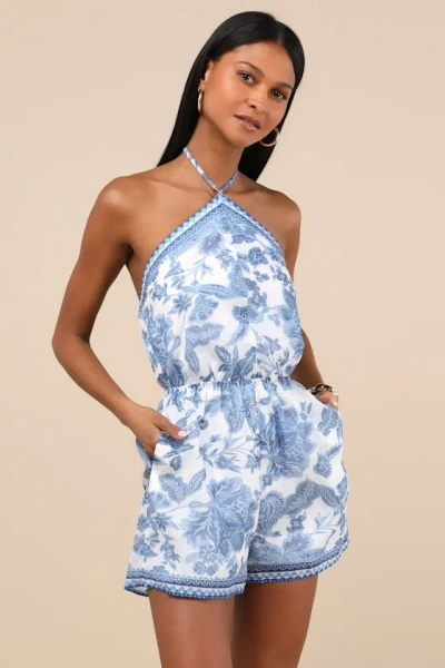 LULUS MOYA BLUE AND WHITE FLORAL HALTER ROMPER