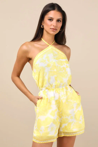LULUS MOYA YELLOW AND WHITE FLORAL HALTER ROMPER
