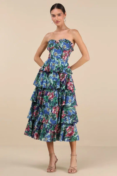 LULUS NAYHA BLUE MULTI FLORAL STRAPLESS TIERED MIDI DRESS