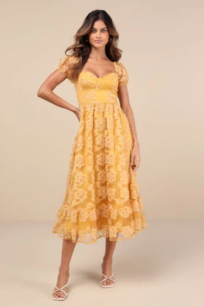 LULUS NOTABLE ELEGANCE YELLOW MESH FLORAL APPLIQUE BUSTIER MIDI DRESS