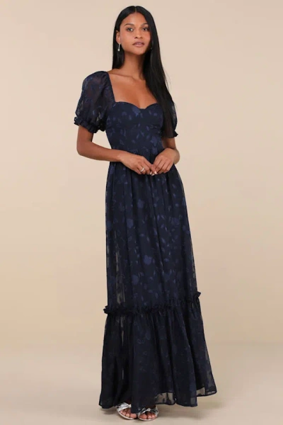 LULUS PHENOMENAL SWEETNESS NAVY FLORAL BURNOUT BUSTIER MAXI DRESS