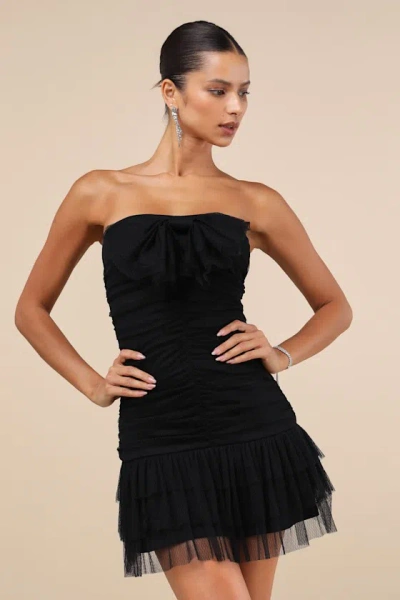 LULUS PICTURE-PERFECT PERSONA BLACK MESH BOW RUCHED MINI DRESS