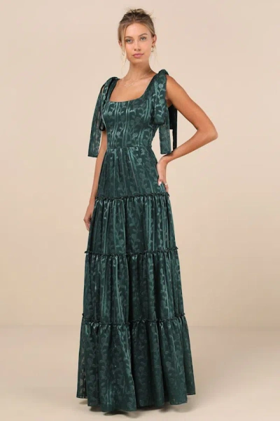 LULUS PICTURESQUE ALLURE GREEN JACQUARD TIE-STRAP MAXI DRESS