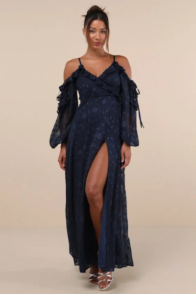 LULUS PLEASANT AURA NAVY BLUE FLORAL BURNOUT COLD-SHOULDER MAXI DRESS