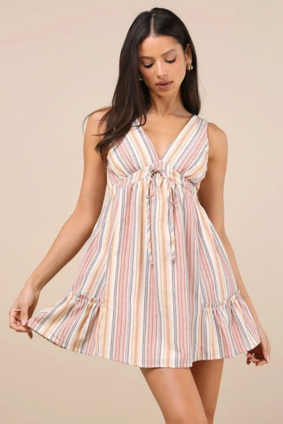 LULUS PRECIOUS DESTINY RUST MULTI STRIPED MINI DRESS WITH POCKETS