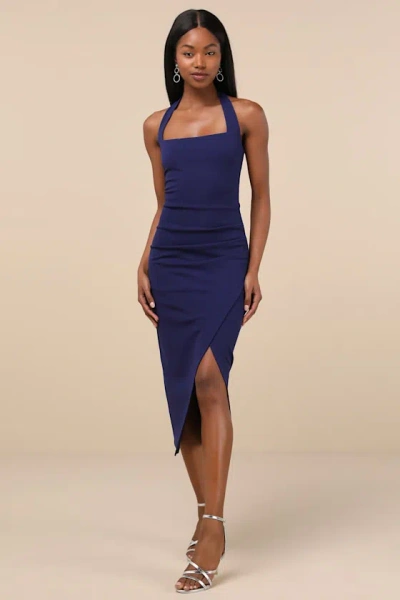 LULUS PROMINENT CHARM NAVY HALTER BODYCON TULIP MIDI DRESS