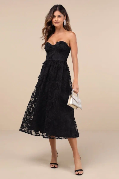 LULUS QUITE PERFECT BLACK FLORAL EMBROIDERED STRAPLESS MIDI DRESS