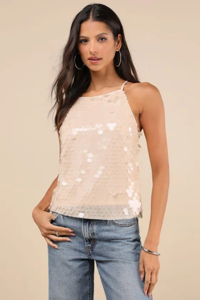 LULUS RADIANTLY DEMURE CREAM PAILLETTE SEQUIN BACKLESS TANK TOP