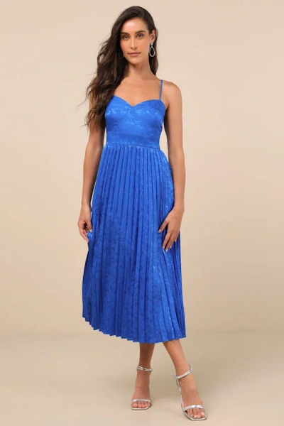 LULUS REGAL ROMANCE BLUE FLORAL JACQUARD PLEATED SATIN MIDI DRESS