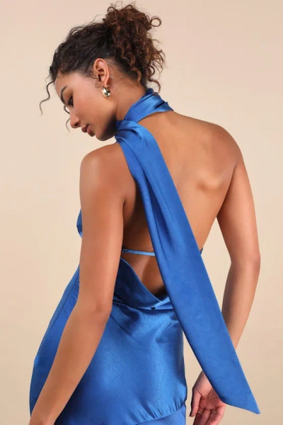 LULUS REGLAN BLUE SATIN ONE-SHOULDER SASH MIDI DRESS