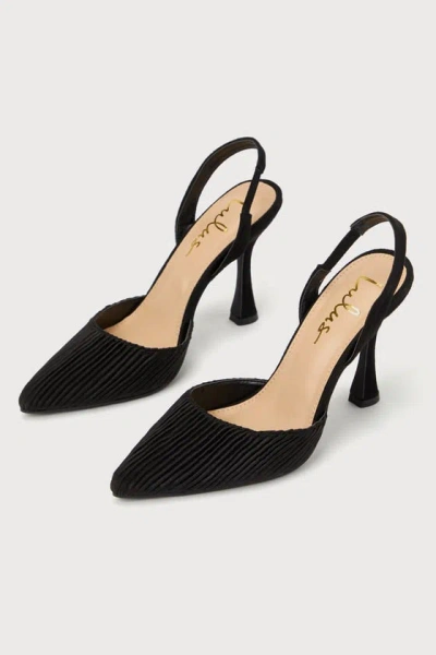 LULUS RHOADS BLACK PLEATED SATIN POINTED-TOE SLINGBACK PUMPS