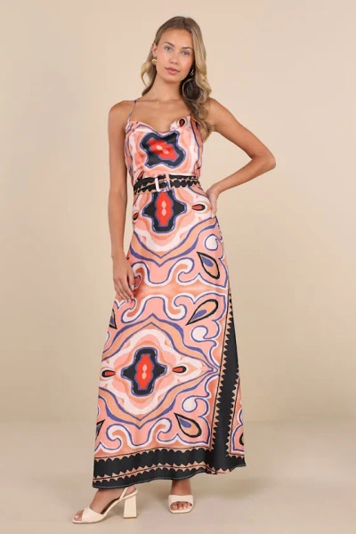 LULUS RICH DEMEANOR PINK MULTI ABSTRACT BACKLESS BUCKLE MAXI DRESS