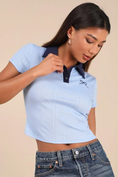 LULUS SAMBER LIGHT BLUE POINTELLE KNIT CROPPED POLO TEE