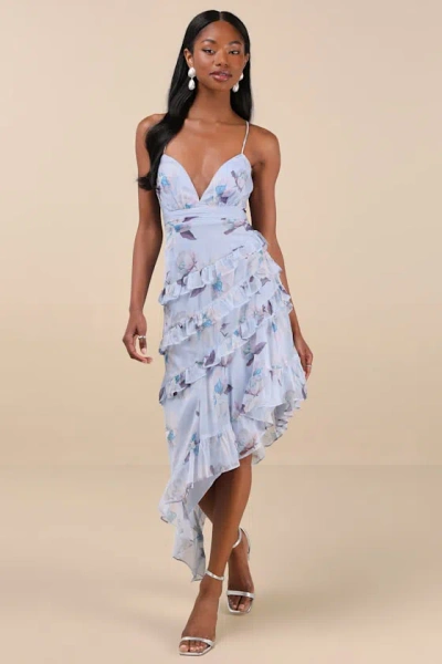 LULUS SAVERIA LIGHT BLUE FLORAL RUFFLED ASYMMETRICAL MAXI DRESS
